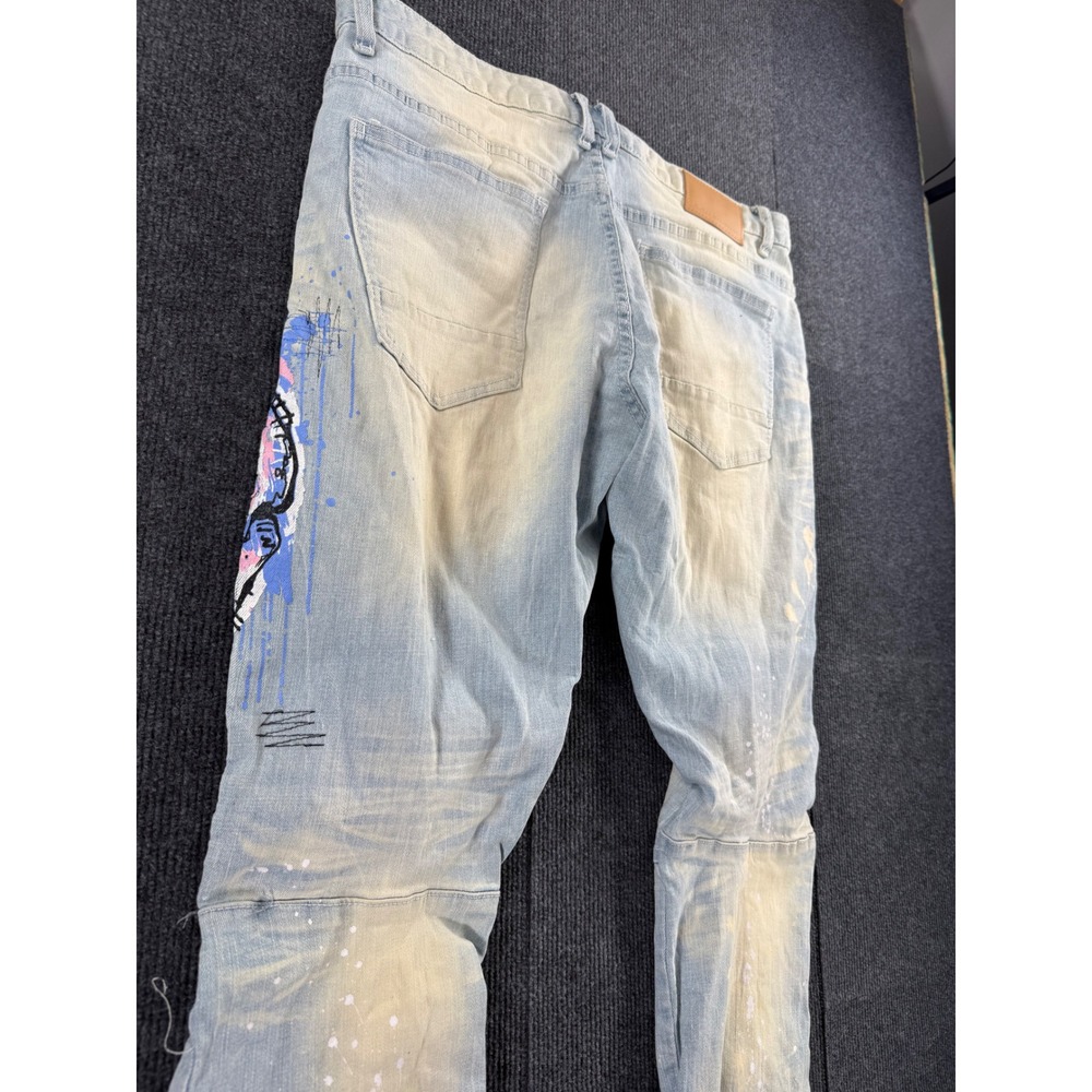 Smoke Rise DNM Co Mens Distressed Graphic Jeans Light Wash Skull Flame 38x34 - Picture 8 of 10